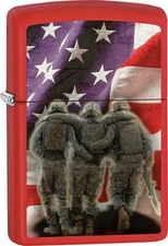 Zippo Windproof Metal Design Fire - Wounded Soldiers & U.S. Flag on Red Base.
