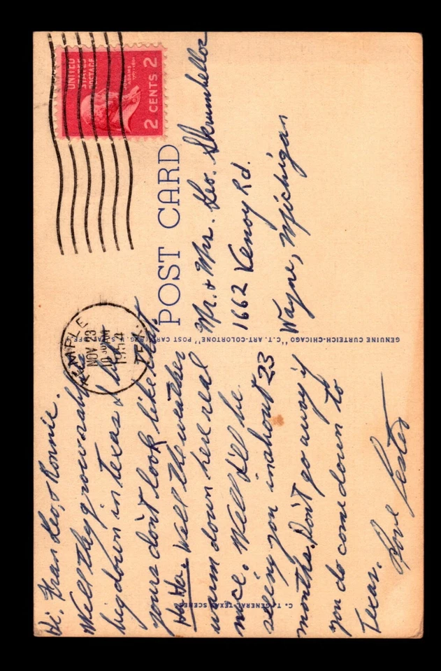 1954 Colorful Texas Cowboy & Rabit Post Card / Temple TX - L8838 - Image 2 of 2