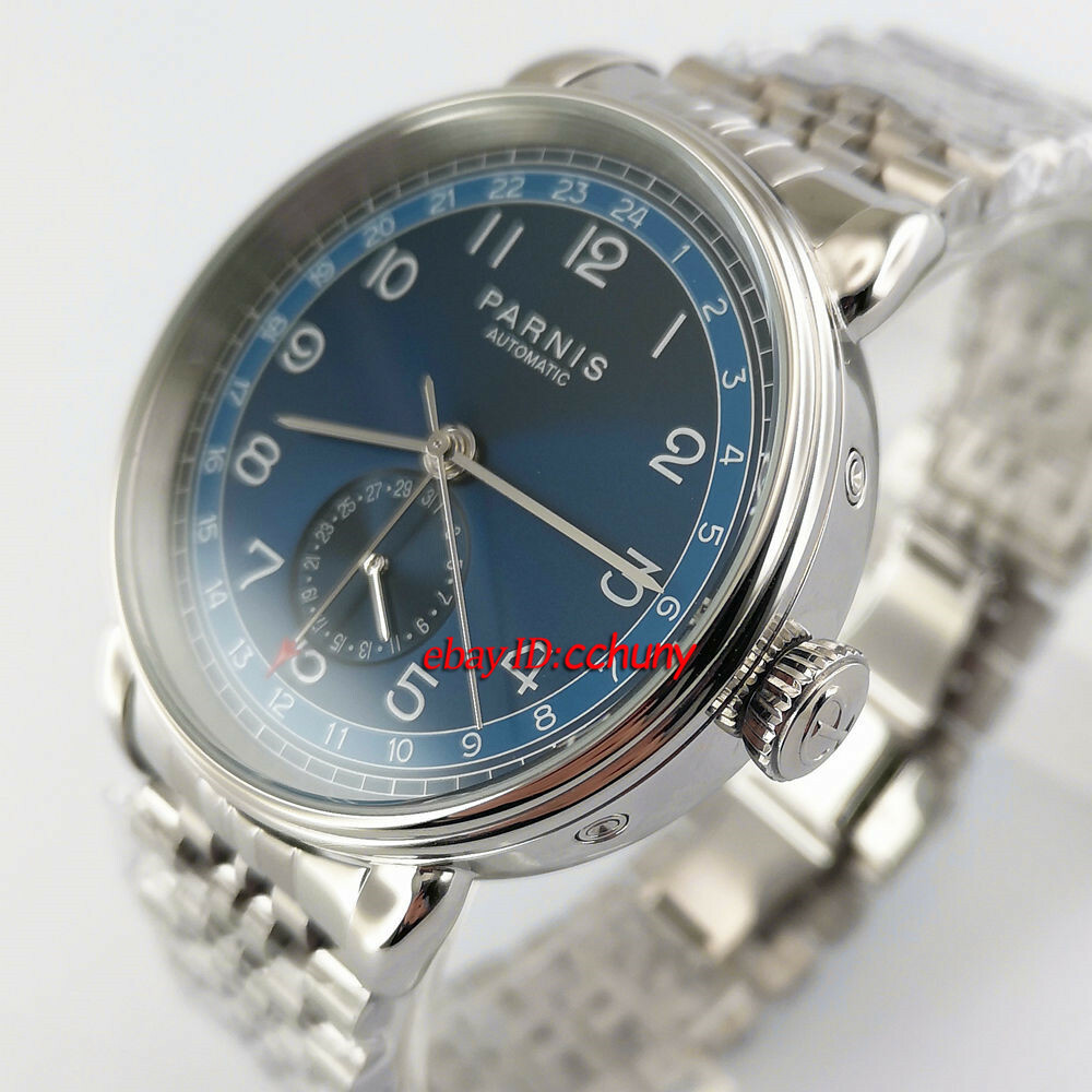 42mm PARNIS New Arrival Blue dial Steel Watchband Mechanical GMT Date Watch