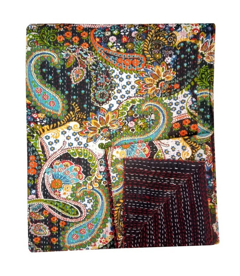 Colcha edredón Kantha de algodón con estampado floral indio tamaño cama doble Foto 2 de 4