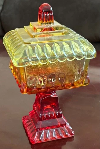 Vintage Jeanette Wedding Box Red Yellow Square Pedestal Candy Dish 5"x8"