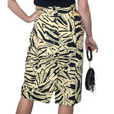 Vintage Escada Women Skirt 80s Wiggle High Waist Beige Black Print W28" 38 S AU8