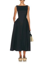 NEW HELSA Stretch Cotton Satin Midi Dress in Black Size M $280
