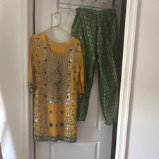Handmade Women  s Yellow Pakistani Salwar Kameez 3pc Suit Set w/ Dupatta M