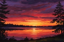 Beautiful Sunset Over Lake Painting Wall Art Print Printed On Canvas Artprint