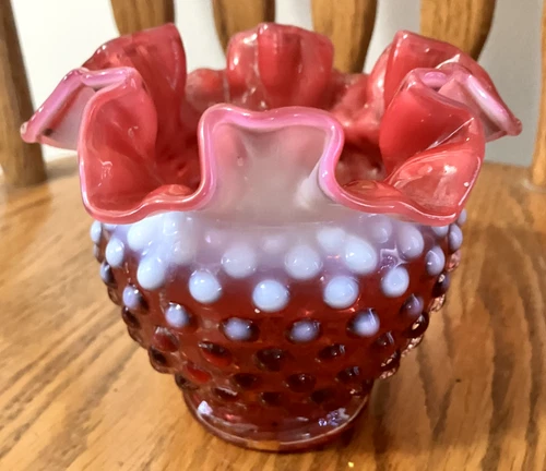Vintage Fenton Cranberry Opalescent Hobnail Glass Ruffled Rose Bowl or Vase