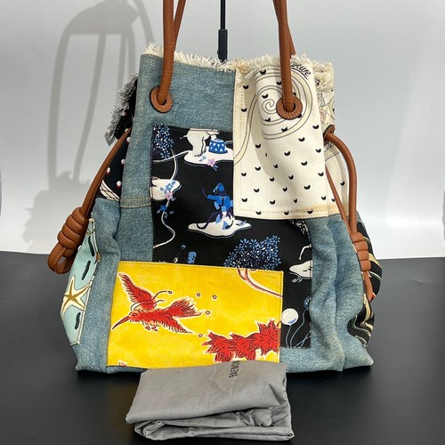 AUTH Loewe Flamenco K Tote Multicolor Denim & Canvas Leather Handle Handbag