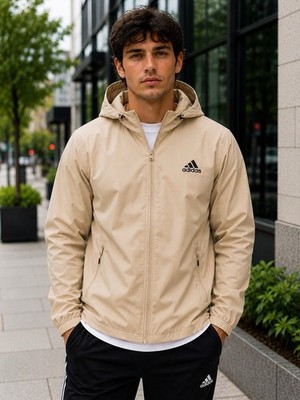 Adidas Primegreen Hooded Windbreaker Jacket Beige Tan Men s Medium Full Zip
