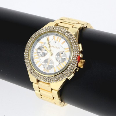 Women's Iced Luxury Bezel Metal Link Band Hip Hop Gold Finish Watch