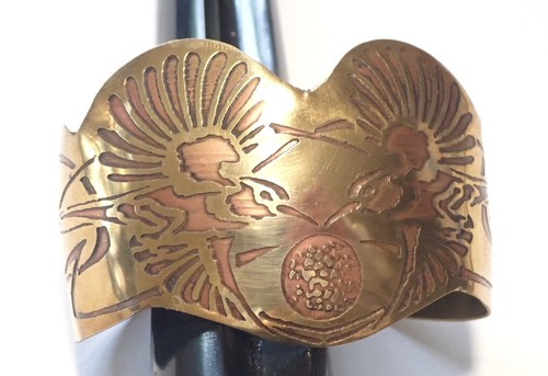 Armband "Kolibris" Messing & Kupfer Handarbeit Säure geätzt Vintage 80er Jahre