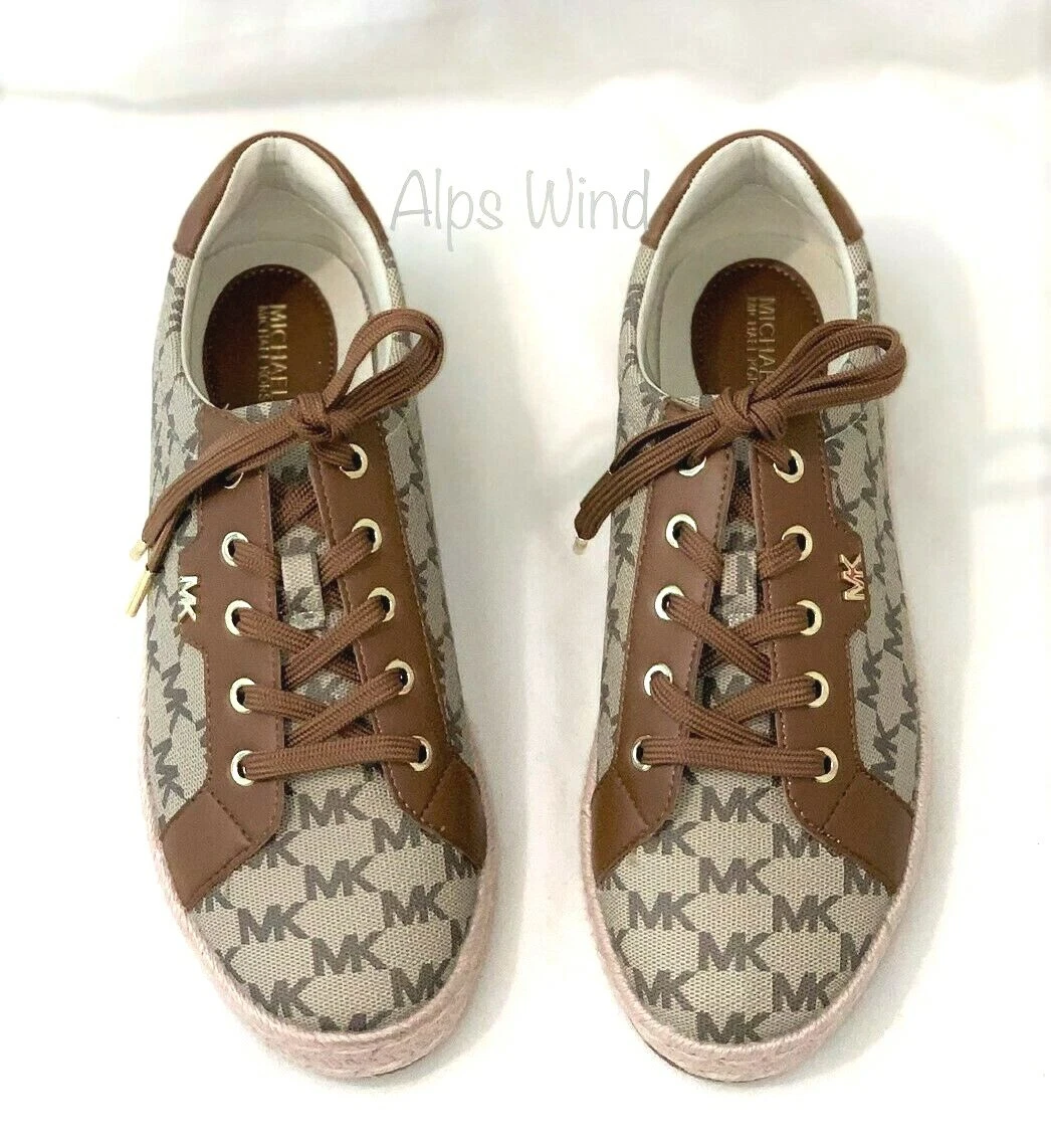 MICHAEL KORS WOMEN BRYSON LACE UP MK HERITAGE CANVAS SHOES IN NAT/LUGG  SZ.9.5