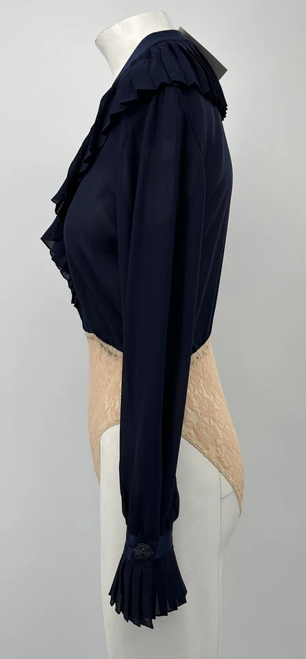 Body Bill Blass Noche Azul Marino Plisado Escote Encaje-Fondo Manga Larga Talla 4 Foto 2 de 4