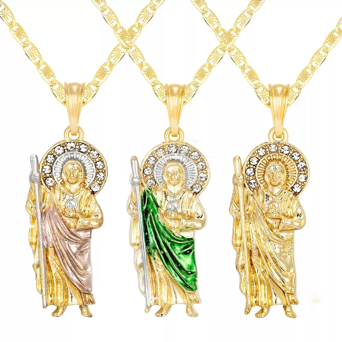 GD Saint Jude Charm 14K Gold Plated San Judas Oro Laminado Tadeo Green Pink  Pendant 2 Sizes Necklace Girls Women Jewelry