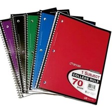 Top Flight Spiral Notebook COLLEGE 1 Subject 70 Sheets Assorted Colors 5 PACK