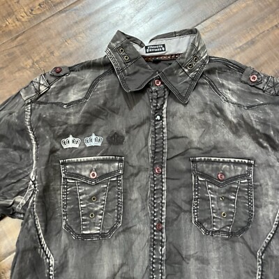 roar damage ロンT y2k Roar Shirt Mens Large Gray Button Up Long Sleeve Goth Cyber