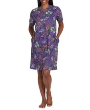 Miss Elaine Women's Floral Short-Sleeve Gripper Robe - Eggplant X-LARGE NWT