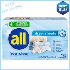 all Fabric Softener Dryer Sheets for Sensitive Skin, Free Clear, 195 Count