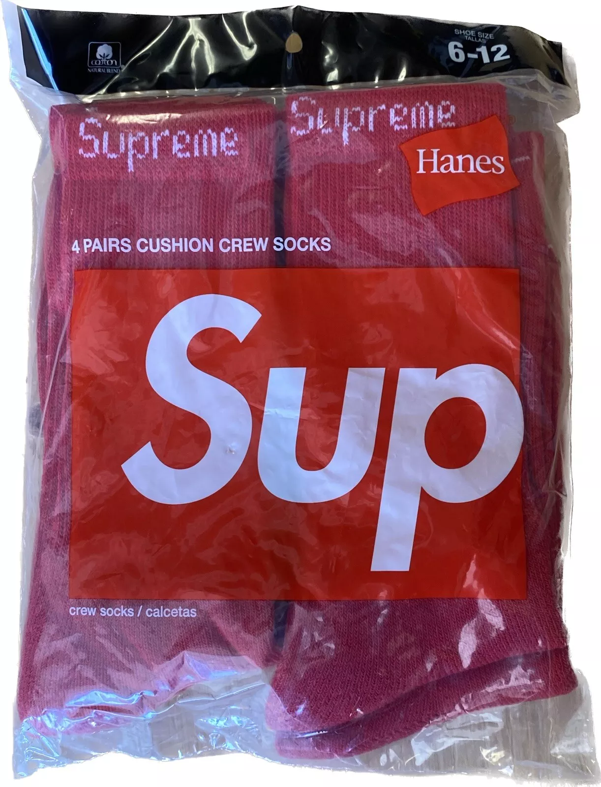 Pack de 4 chaussettes Supreme Hanes Crew   Rouge   100 % authentique