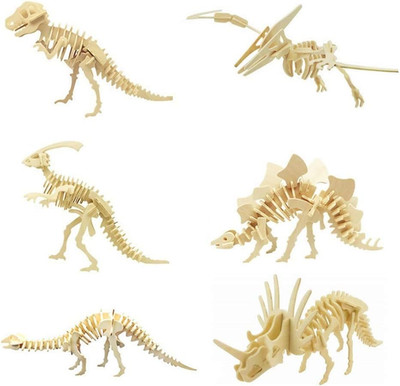 3D Wooden Dinosaur Puzzle - 6 Piece Set Wood Dinosaur Skeleton Model Puzzle - DI