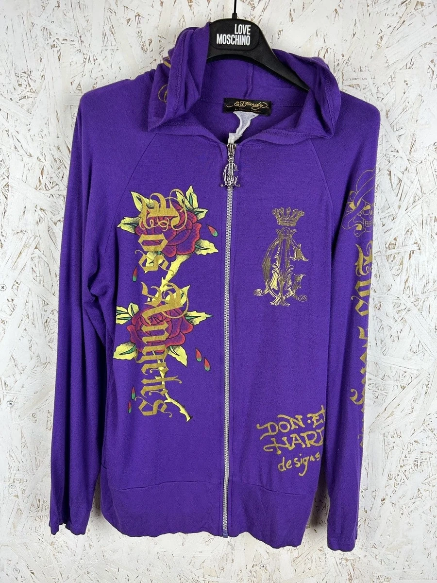 Ed Hardy 紫 長袖パーカー Ed Hardy Tigers Fig Burgundy Boxy Crop Zip Hoodie | Zumiez