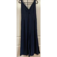 Anrabess Smocked Overall Jumpsuit Women L V-Neck Wide Leg Romper High Waist Blue