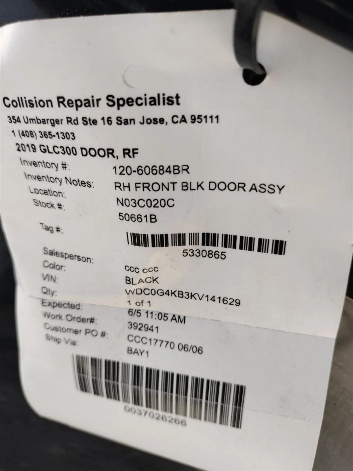 BLK RIGHT FRONT DOOR ASSEMBLY 2016-2022 MERCEDES-BENZ GLC300 Foto 2 de 4