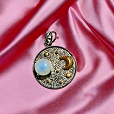 Rainbow Moonstone Pendant Gemstone 925 Sterling Silver Handmade Two Tone Pendant