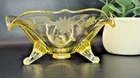 Topaz Canary Yellow Petal Rim 3 Footed Etched Floral Depression Glass Bowl