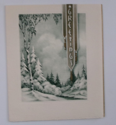 Vtg Christmas Card Winter Scene Lot's of Snow Covered Pines Cloudy Sky 1930's 40