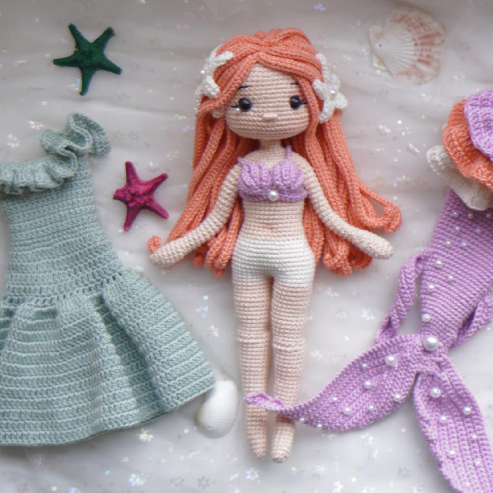 Handmade Mermaid Amigurumi Crochet Doll, Cute Princess Girl Decor Gift 10 Inch