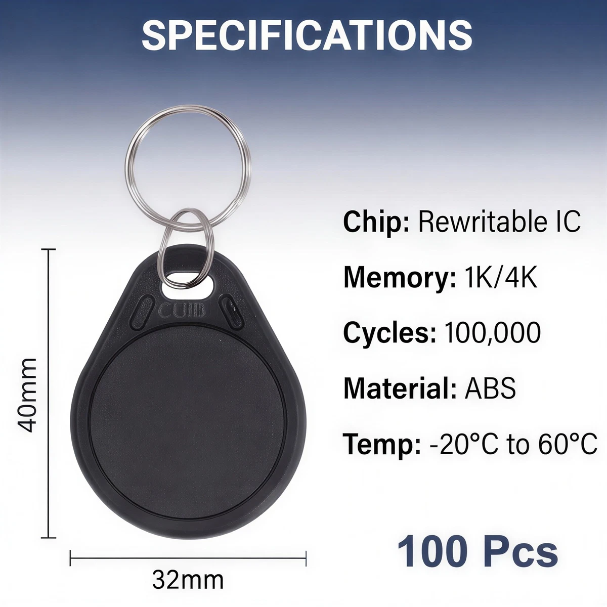 100Pcs 13.56MHz Rewritable CUID RFID Key Fob Access Control Key Card, Black