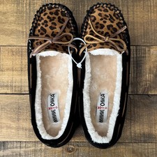 NEW Minnetonka Leopard Black Suede Size 9 Moccasin Slipper Faux Fur Women  s