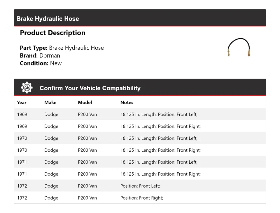 For 1969-1972 Dodge P200 Van Dorman Brake Hydraulic Hose 1970 1971 - Image 2 of 4