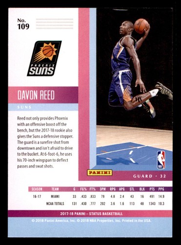 2017-18 Panini Status #109 Davon Reed RC - Picture 2 of 2