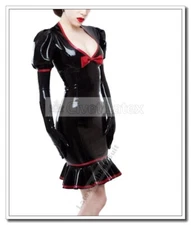 Latex Dress Deep V Neck Bowknot Deco Long Sleeves with Glove Back Zip 0.4mm D126