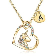 Unicorn Heart Initial Necklaces for Women Girls 14K Gold Plated Heart Necklace