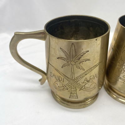 Set of 2 Brass Mugs With Saudi Arabia Florals Engraved Etched Made in India