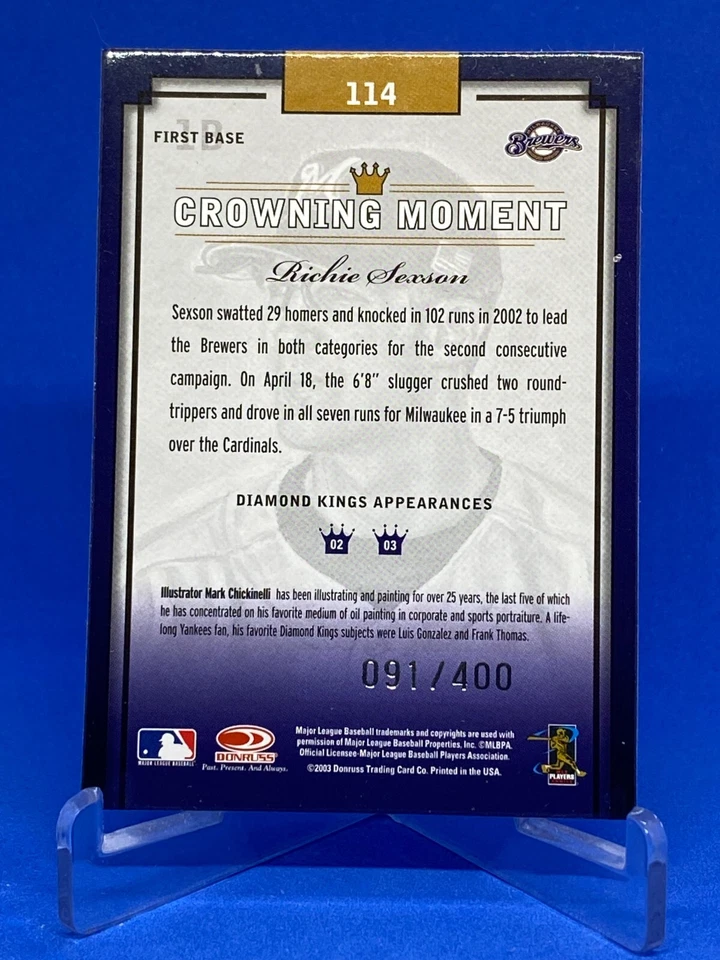 2003 Donruss Diamond Kings Silver Frame #114 Richie Sexson #091/400 Brewers - Image 2 of 2