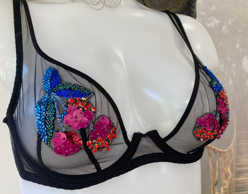 Agent Provocateur beaded 36B cherry bra & briefs NEW sheer black festival Nabina - Picture 6 of 8
