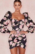 House Of CB Amaryllis Rose Print Puff Shoulder Dress Size S
