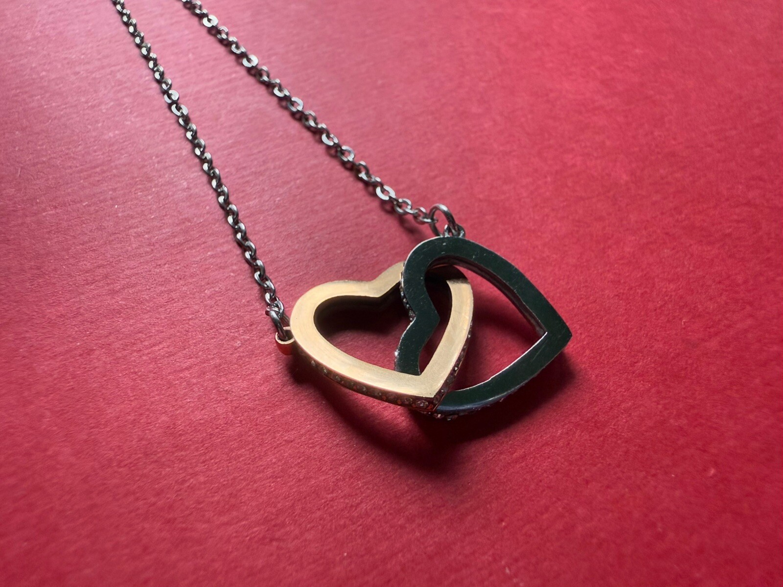 Interlocking Copper Silver Tone Rhinestone Hearts… - image 5