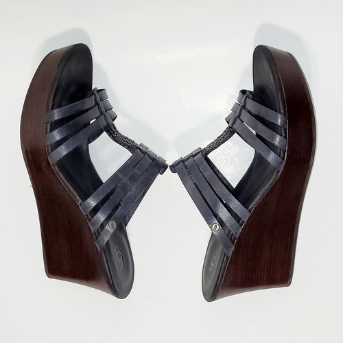 UGG Mattie Black Leather Wedge Slide Sandals Stacked 3" Heel Platform Wms 8US - Picture 20 of 22