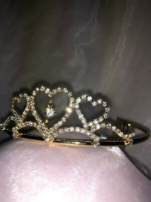 ♡tiara♡ Triple Heart Diamond Rhinestone Tiara- CH072 Gold 1.5