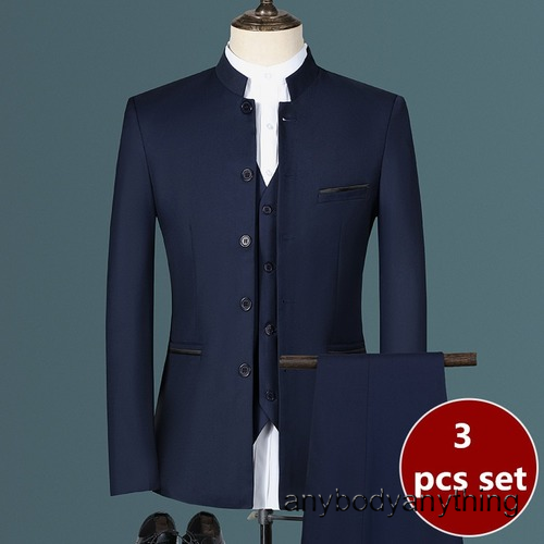 Men's Stand Collar Chinese Style 2/3Pcs Suit Set Slim Blazers Jacket Pants Vest - Picture 16 of 26