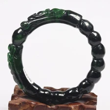 56mm Black Emerald Green Jadeite Jade Bangle Bracelet Hand-carved Dragons 09145