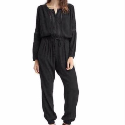 GAP Boho Embroidered Black S Jumpsuit Jogger Drawstring Long Sleeve Casual