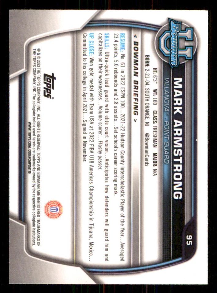 2022-23 Bowman Chrome University #95 Mark Armstrong - Image 2 of 2