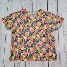 Crest Cottons Springtime Floral Bright Colorful Scrub Top Women's L