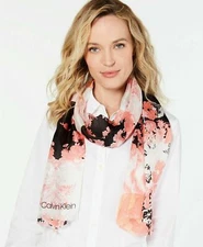 Calvin Klein Pink & Black Color blocked Floral 100% Silk Scarf retail $50