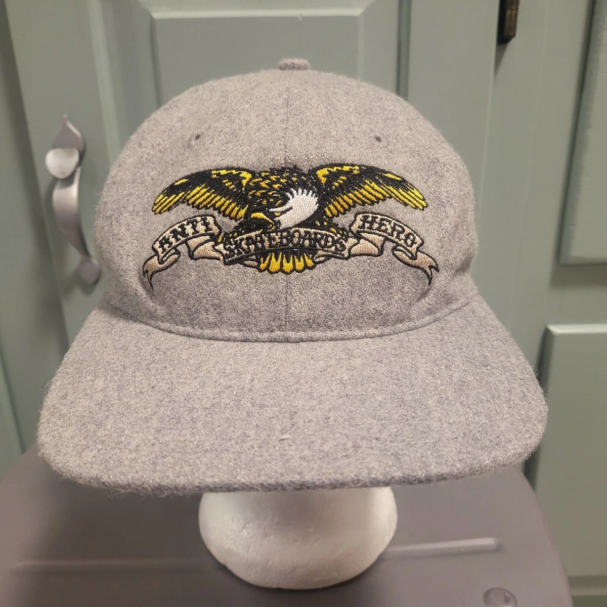 Anti Hero Skateboards Grey Wool Blend Eagle Spellout Skate Snapback Hat Cap